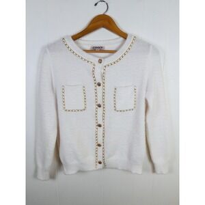 Nanette Lepore White Cardigan Chain‎ Trim Sweater Women's Medium Gold Buttons